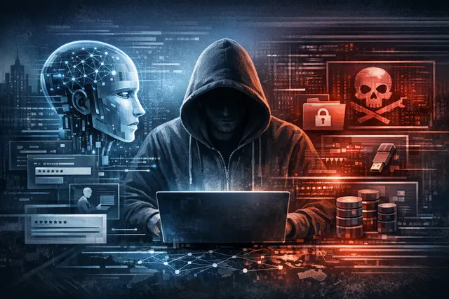 Abstract cybersecurity illustration showing an AI-assisted ransomware intrusion targeting network infrastructure