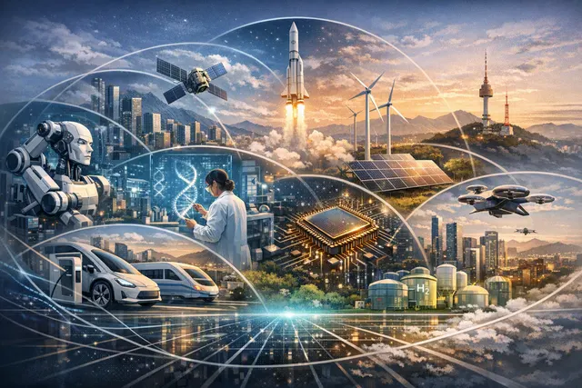 Abstract representation of South Korea's seven SEED industries including quantum computing, nuclear fusion, space exploration, and small modular reactors