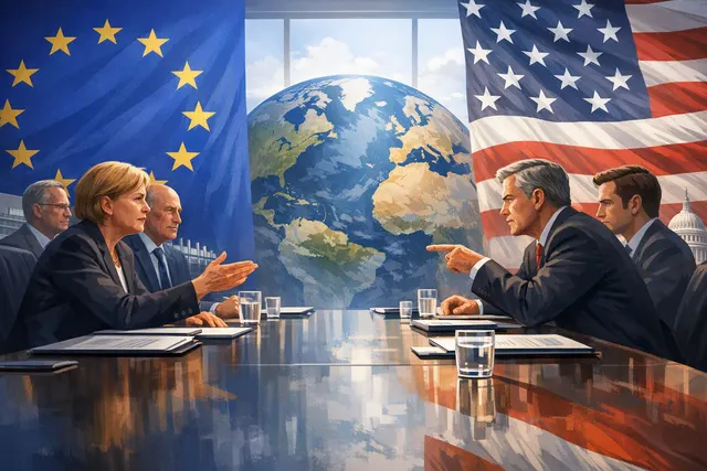 European Union flag with a trade graph and corporate documents, representing the transatlantic dispute over CSRD, CSDDD, and CBAM sustainability rules in August 2026.