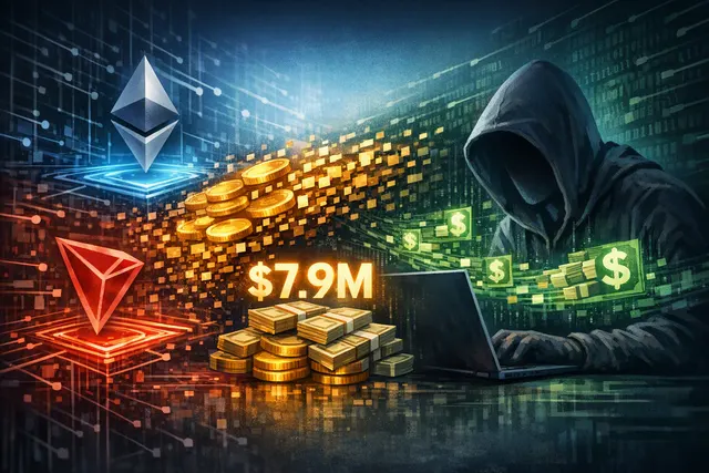 Abstract digital illustration of a security breach on blockchain networks Ethereum and TRON, with red alert lines and cryptocurrency symbols representing a coordinated hack.