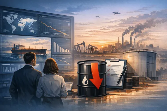 Editorial illustration of oil tankers and crude supply routes near the Strait of Hormuz during a market disruption