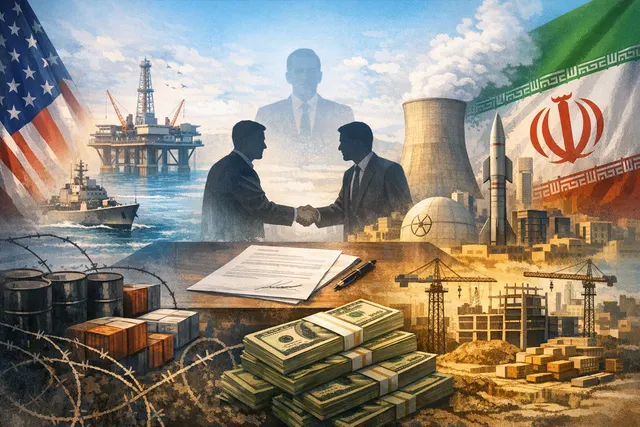 Conceptual illustration of US and Iran diplomatic negotiations with a document and a fractured map of the Middle East, overlaid with symbols for frozen assets, oil, and nuclear ene