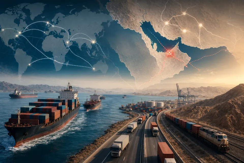 Cargo ships and tankers waiting near the Strait of Hormuz as regional supply chains reroute during the 2026 shipping disruption
