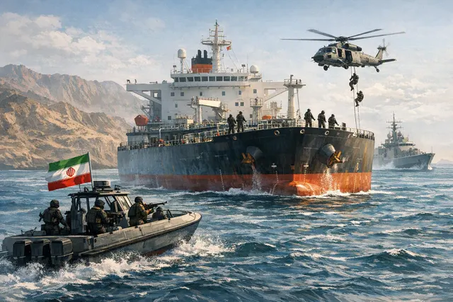 Editorial illustration of a tanker stopped near Qeshm Island in the Strait of Hormuz amid rising Iran-US maritime tensions