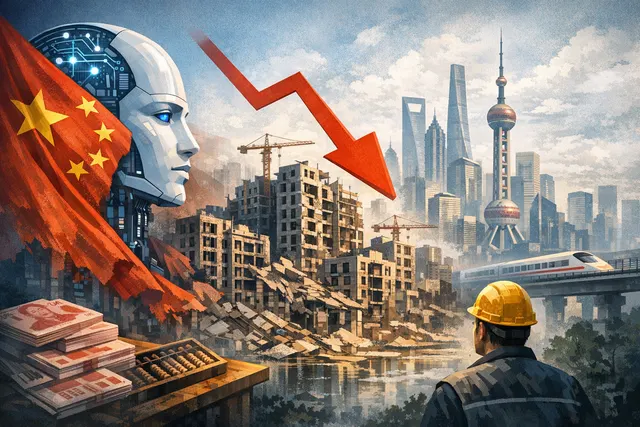 A stylized map of China with glowing AI circuits on one side and a cracked, dim property development on the other, symbolizing economic bifurcation.
