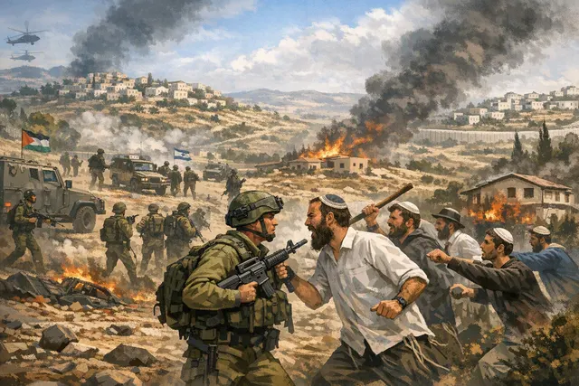 Map or symbolic representation of violence in the occupied West Bank, including settlements, military checkpoints, and areas of conflict.