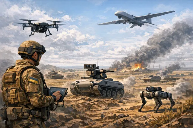 AI-generated illustration of a Ukrainian hexacopter drone airlifting an ARK-1 ground robot suspended by cables over a battlefield, symbolizing the new tactic of drone-deployed grou