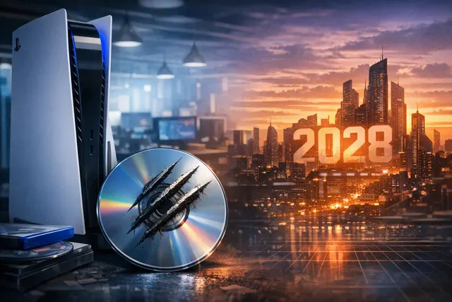 Marvel's Wolverine PS5 disc in its case, set against a backdrop of PlayStation consoles and a digital download icon, representing the transition from physical to digital game distr