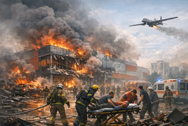 Illustrative image of smoke and fire after a drone strike on a shopping centre in Kryvyi Rih, Ukraine