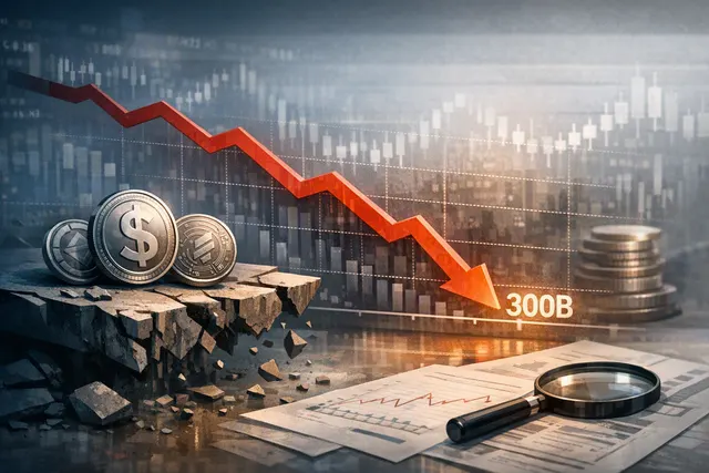 Editorial illustration contrasting the 2022 Terra stablecoin collapse with the 2026 stablecoin supply drawdown driven by the GENIUS Act and tokenized Treasuries