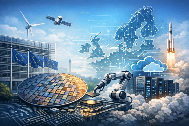 European Union flag with digital circuit patterns representing the EU's technological sovereignty ambitions in chips, cloud, and AI.
