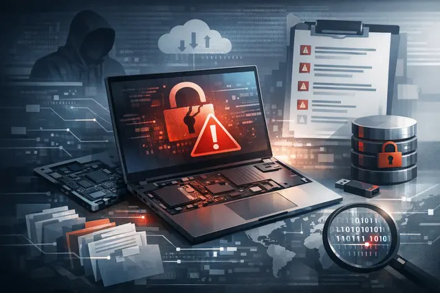 A conceptual illustration of a data breach, showing a laptop emitting a red digital alert with binary code and broken security shields in the background.