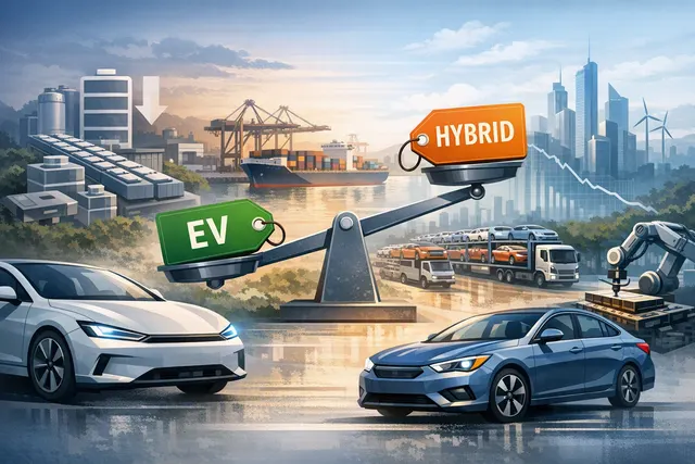 AI-generated illustration of electric vehicles on an assembly line, symbolizing the global EV production boom and price disruption that drove BEV prices below hybrids in 2025.