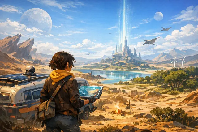 Caravan SandWitch gameplay scene showing a yellow camper van parked on a cliff overlooking a desert sci-fi landscape inspired by Provence, France.