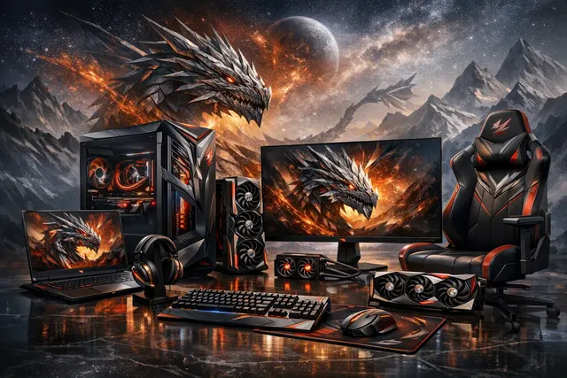 MSI DRACO EPIC EDITION limited-edition 40th anniversary hardware lineup featuring motherboard, GPU, liquid cooler, PSU, chassis, and peripherals with constellation-inspired design