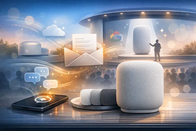 Google Home Speaker 2026 design showing a spherical fabric-wrapped smart speaker with a glowing base light ring on a bedside table.