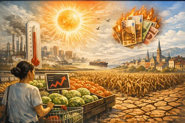 AI-generated illustration representing heatflation: a cracked, sun-baked agricultural field under extreme heat, symbolizing crop failure and rising food prices.