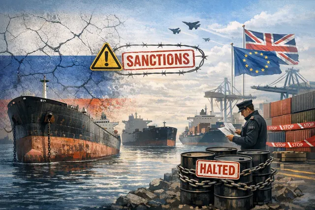An abstract representation of oil tankers crossing the Mediterranean Sea with EU naval presence, symbolizing the crackdown on Russia's shadow fleet.