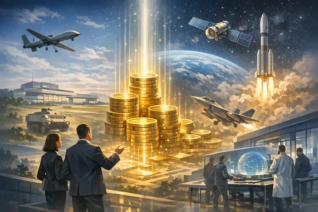 Conceptual image of European defence technology growth fund E2D with Airbus branding and network nodes representing dual-use and defence investments