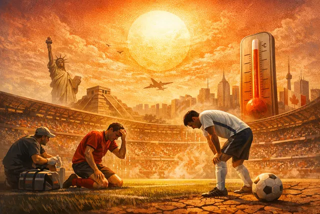 A split stadium scene showing a World Cup match alongside a stark thermal map warning of extreme heat risk at the 2026 FIFA World Cup hosted across 16 cities in North America.