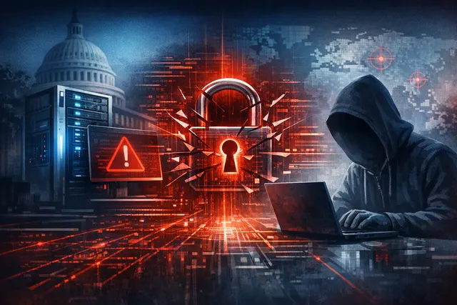 An abstract visual representing a cybersecurity threat with a lock, shield, and binary code on a dark background with red accents.
