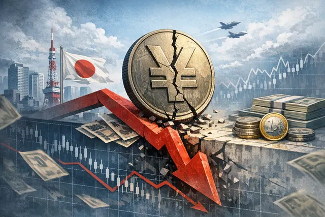 A graph showing USD/JPY exchange rate spiking back up after a brief intervention-driven drop, with yen banknotes and coins in the foreground