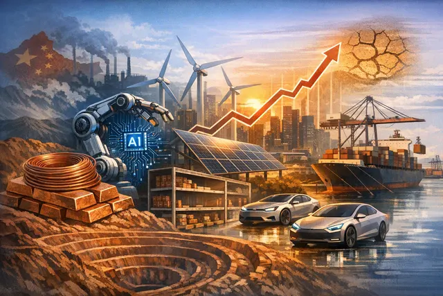 Copper metal rods, bars, and wiring arranged on a dark industrial surface, symbolizing the commodity rally and industrial demand.