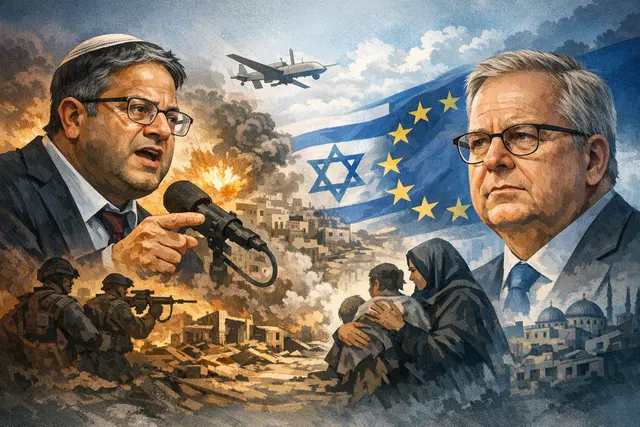 Editorial illustration of a European Union sanctions debate involving Itamar Ben-Gvir and Gaza