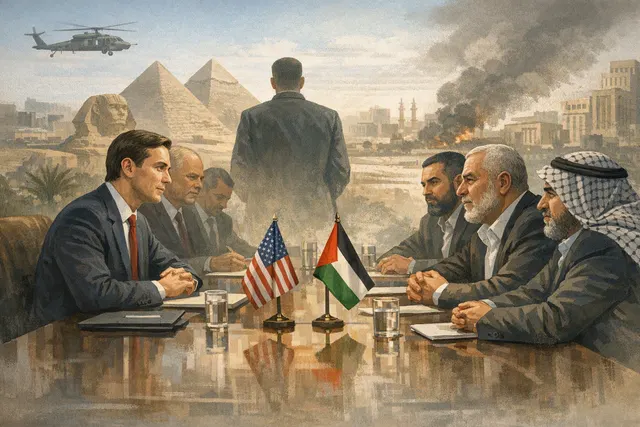 AI-generated editorial illustration of Jared Kushner’s Gaza diplomacy and talks with Hamas leaders in Egypt