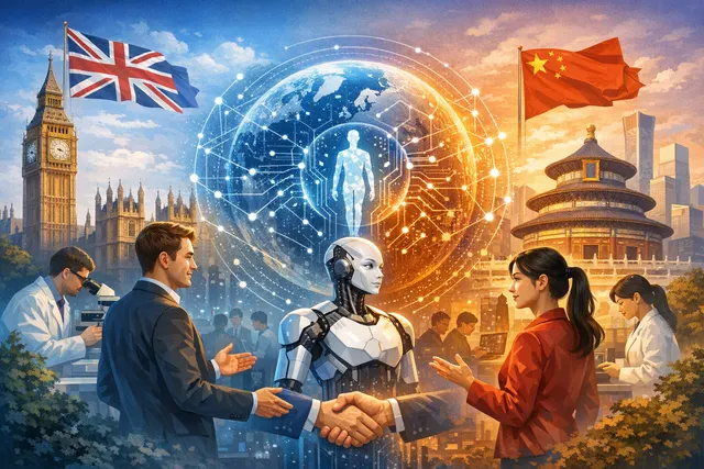 Conceptual artwork of the UK and Chinese flags merging into a circuit board representing AI cooperation for human welfare