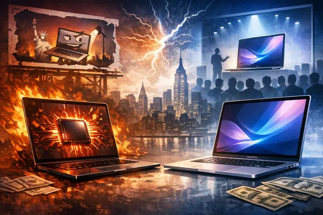 AMD versus Apple MacBook Neo gaming controversy illustration showing competing laptop silhouettes and game controller icons