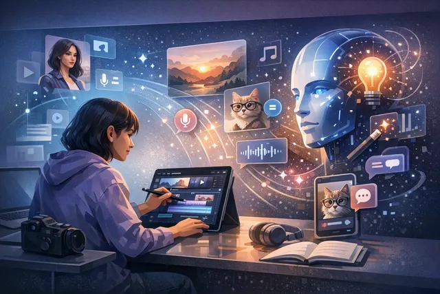 Abstract illustration of a smartphone screen with an AI assistant interface, chat bubbles, and a checkmark, representing the new Facebook Creator Studio standalone app.