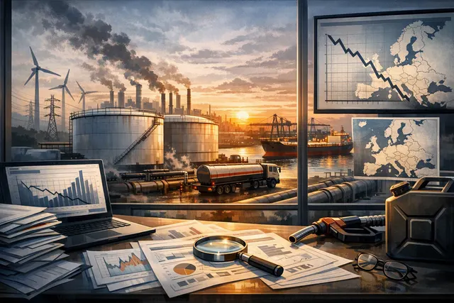 Refinery towers and storage tanks at sunset, representing the global refining bottleneck that Goldman Sachs and Morgan Stanley warn is driving Europe's diesel reserves toward a dec