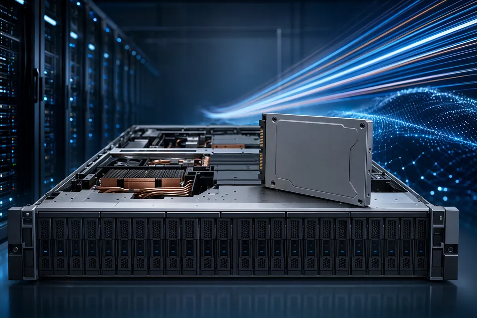 Concept illustration of a high‑density 2U AI storage server packed with NVMe SSDs representing a 9.8 PB Dell and Kioxia configuration