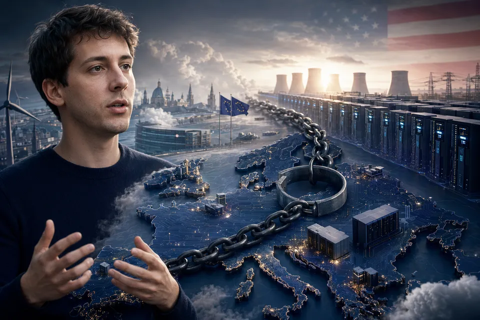 Conceptual illustration of Europe's AI infrastructure race involving chips, energy, and data centres