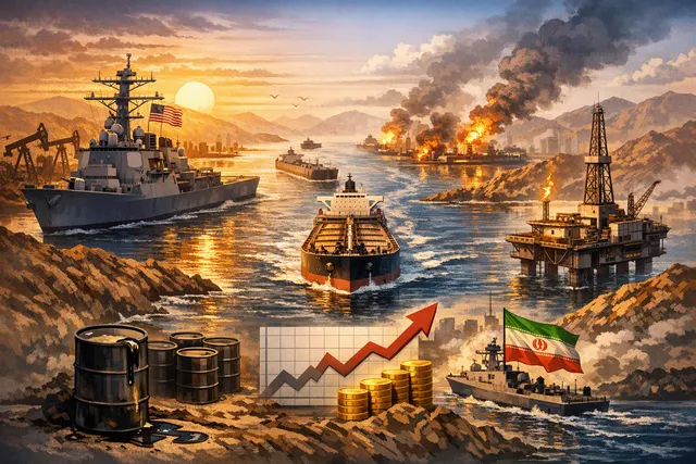 Satellite image of oil tankers in the Strait of Hormuz at sunset, symbolizing the 2026 chokepoint crisis