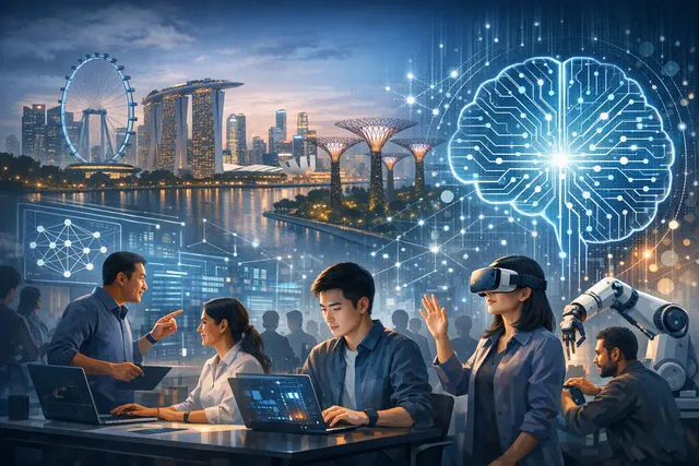 Illustration of Singapore’s AIxTech programme training technology professionals in AI-assisted software engineering