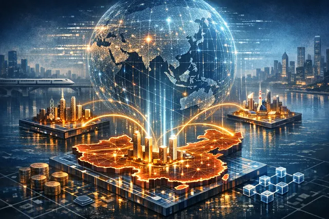 Conceptual illustration of China's mBridge cross-border CBDC platform connecting Asian and Middle Eastern central banks through distributed ledger technology
