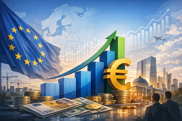 Eurozone GDP growth chart showing 0.4% quarter-on-quarter increase in Q2 2026, double the forecast