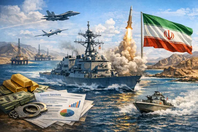 A conceptual image of the Strait of Hormuz showing a tanker at sea, representing the 2026 crisis involving U.S. sanctions, Iranian toll plans, and attacks on ADNOC vessels.