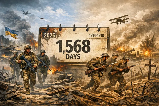 A somber Ukrainian soldier stands silhouetted against a war-torn landscape, marking the conflict's grim new duration milestone on June 11, 2026.