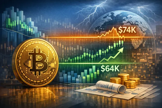 Bitcoin price chart showing resistance at $74,000 with futures open interest surge and leverage risk indicators