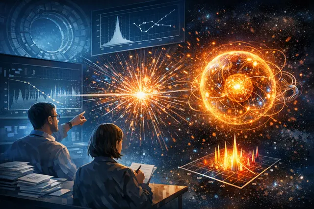 AI-generated illustration representing the X(2370) glueball particle as a glowing sphere composed of interconnected gluon lines, set against a high-energy particle collision backgr