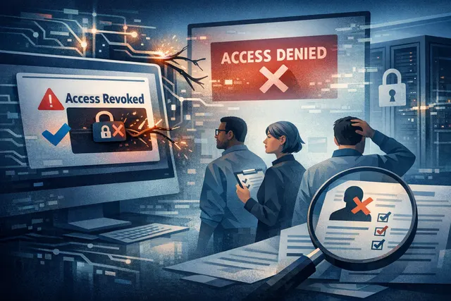 Abstract editorial illustration of a cybersecurity researcher blocked by an AI access-control system