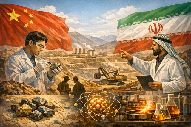 Editorial illustration of the China-Iran rare earth scientific cooperation announcement in August 2026