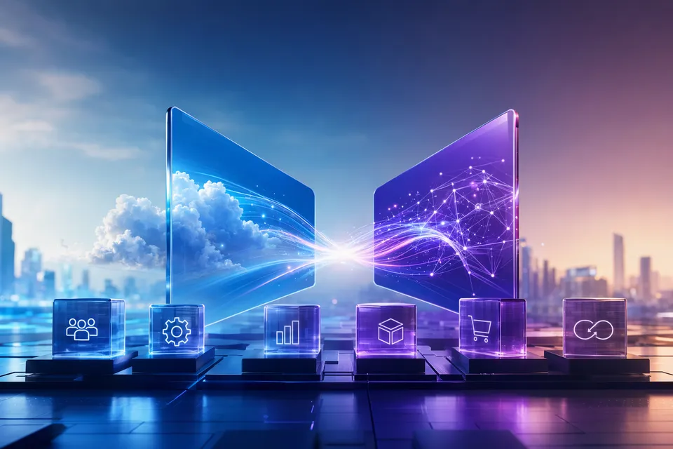 Concept illustration of SAP Joule and Microsoft 365 Copilot agents connected through enterprise AI workflows
