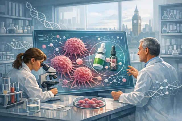 AI-generated image representing the repurposing of glaucoma drugs for cancer treatment, showing molecular structures and cancer cells.