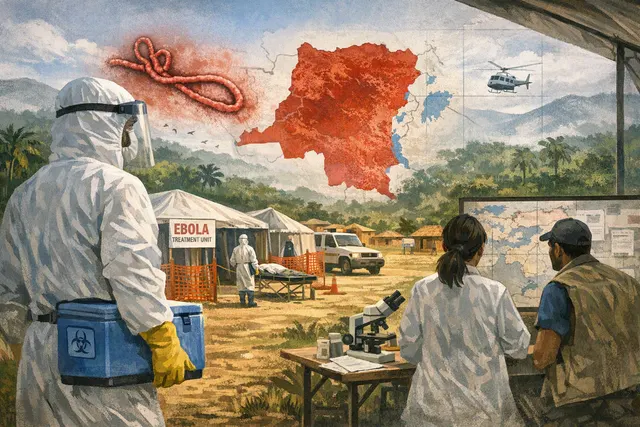 A digital illustration representing the 2026 Ebola outbreak in the Democratic Republic of the Congo caused by the rare Bundibugyo ebolavirus strain, for which no approved vaccine o