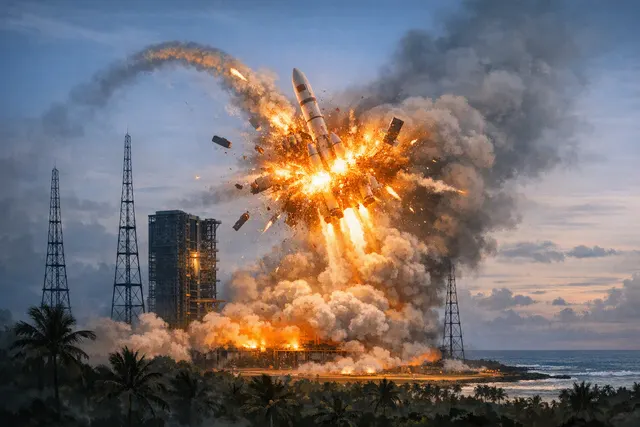 AI-generated illustration of a rocket explosion in the night sky over the ocean, representing the Long March 7A failure