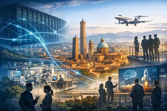 Abstract visualization of Bologna's deep tech ecosystem connecting the Leonardo supercomputer, CINECA infrastructure, and global venture capital networks.